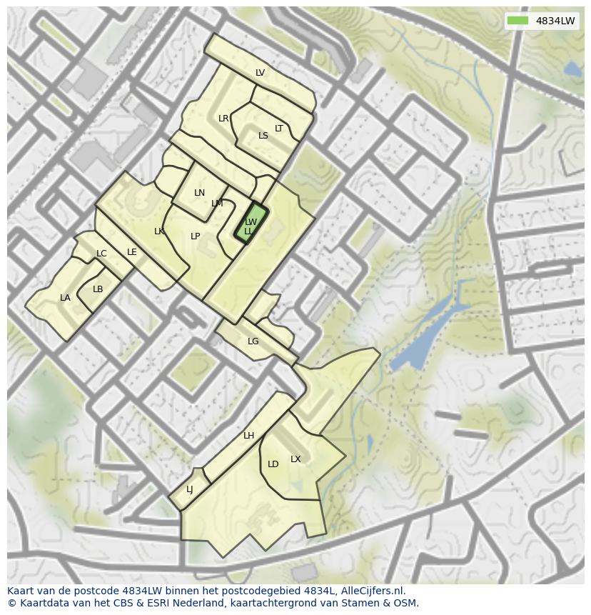 Afbeelding van het postcodegebied 4834 LW op de kaart.