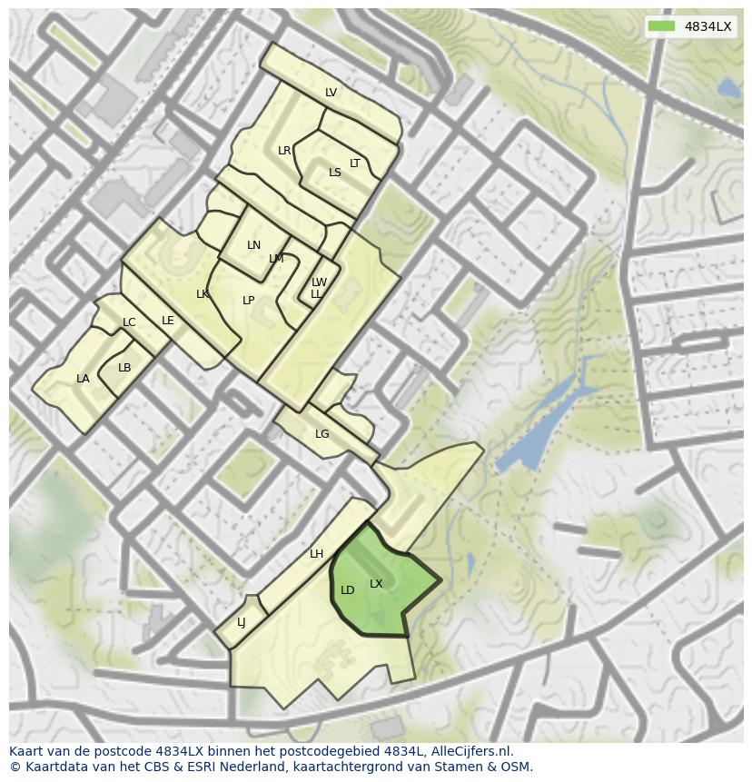 Afbeelding van het postcodegebied 4834 LX op de kaart.