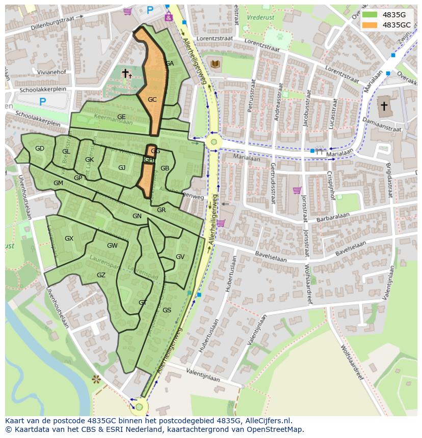 Afbeelding van het postcodegebied 4835 GC op de kaart.