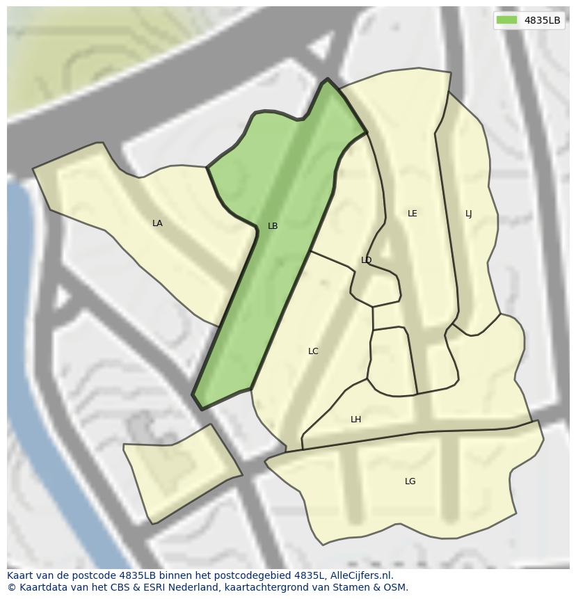 Afbeelding van het postcodegebied 4835 LB op de kaart.