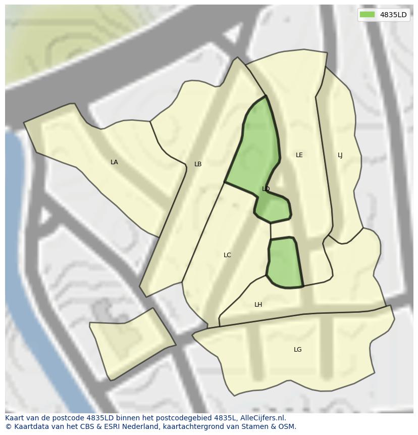 Afbeelding van het postcodegebied 4835 LD op de kaart.
