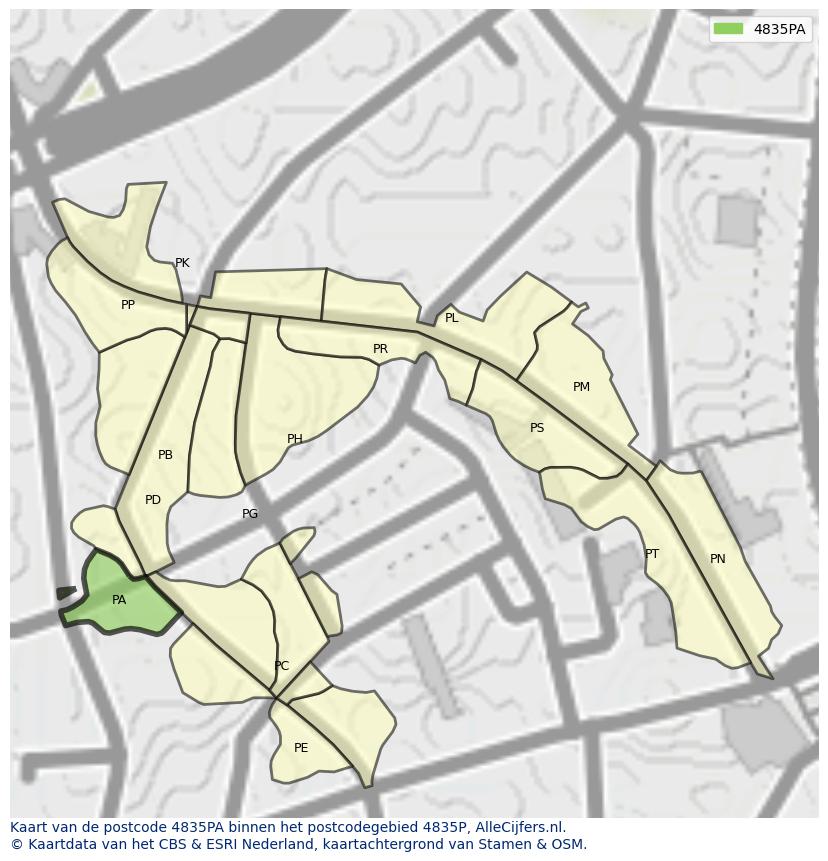 Afbeelding van het postcodegebied 4835 PA op de kaart.