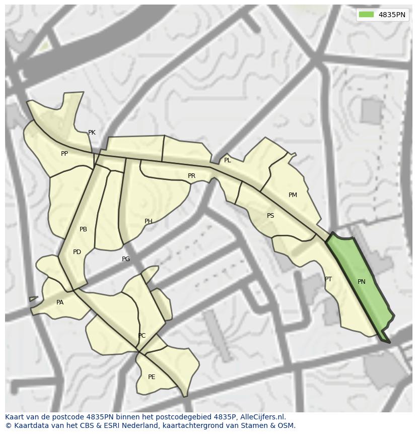 Afbeelding van het postcodegebied 4835 PN op de kaart.