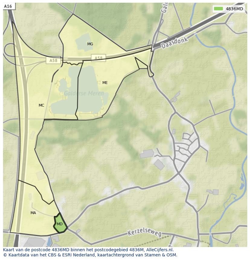 Afbeelding van het postcodegebied 4836 MD op de kaart.