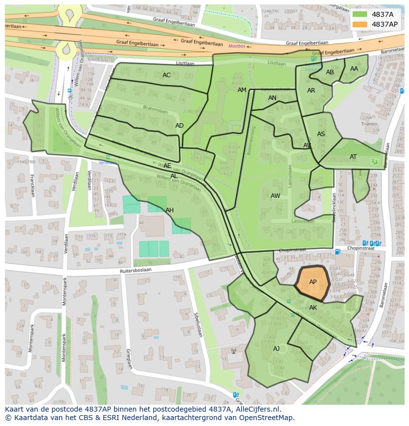 Afbeelding van het postcodegebied 4837 AP op de kaart.