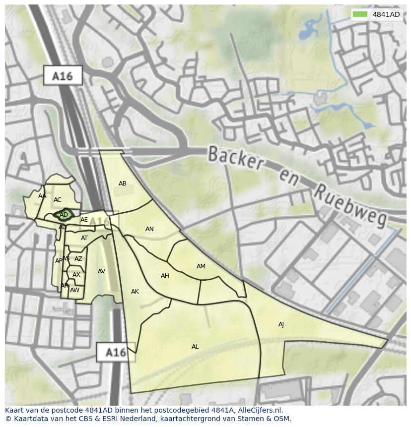 Afbeelding van het postcodegebied 4841 AD op de kaart.