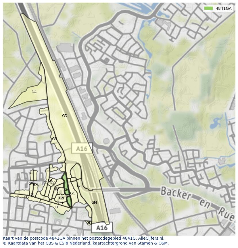 Afbeelding van het postcodegebied 4841 GA op de kaart.