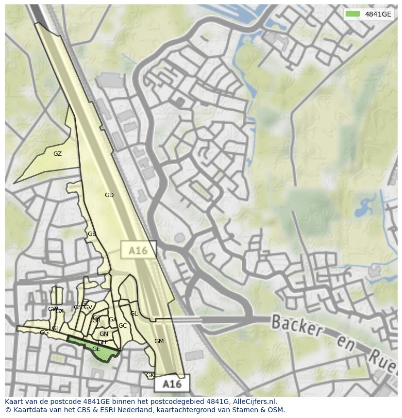 Afbeelding van het postcodegebied 4841 GE op de kaart.