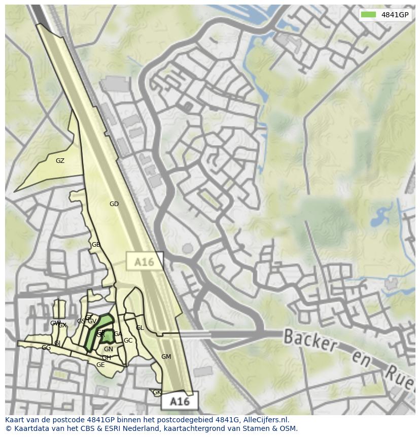 Afbeelding van het postcodegebied 4841 GP op de kaart.
