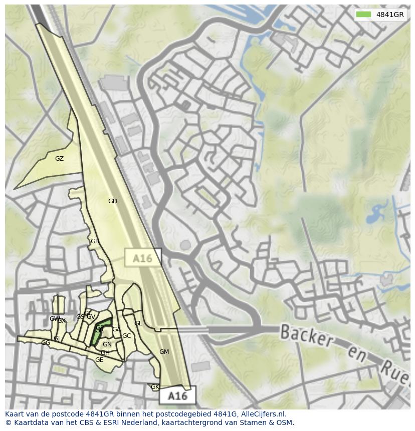 Afbeelding van het postcodegebied 4841 GR op de kaart.