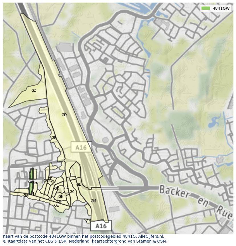 Afbeelding van het postcodegebied 4841 GW op de kaart.