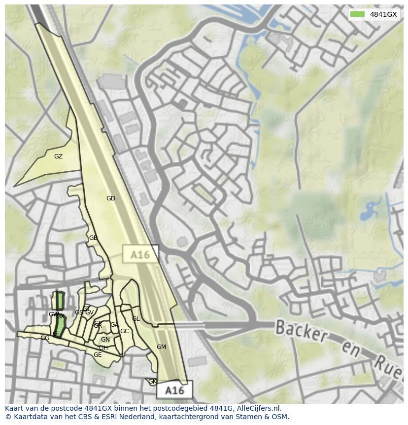 Afbeelding van het postcodegebied 4841 GX op de kaart.
