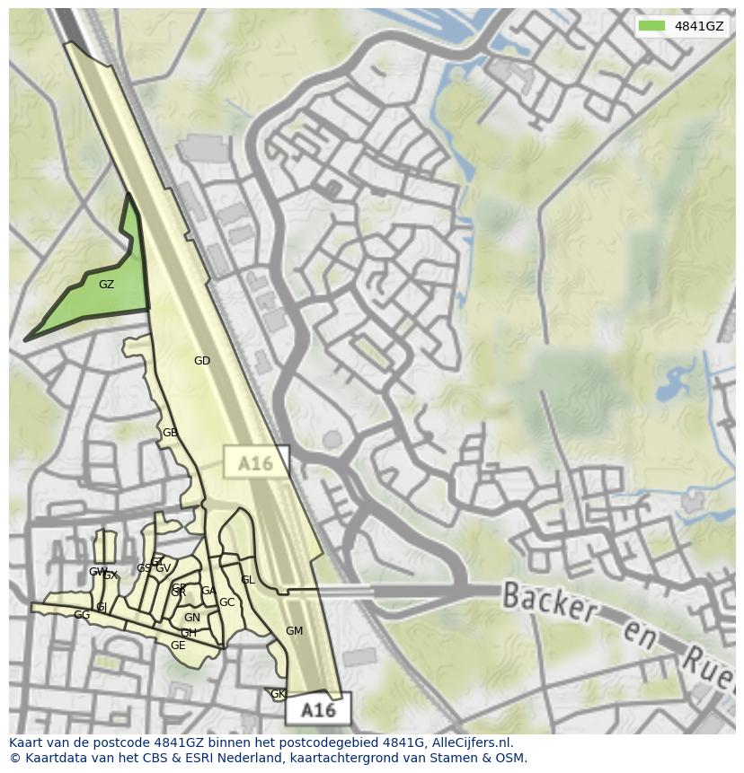 Afbeelding van het postcodegebied 4841 GZ op de kaart.