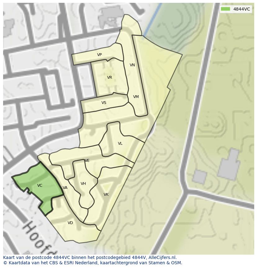 Afbeelding van het postcodegebied 4844 VC op de kaart.