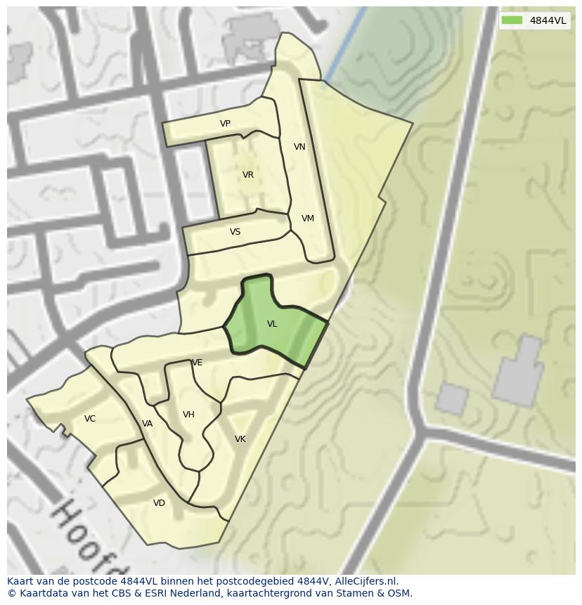Afbeelding van het postcodegebied 4844 VL op de kaart.