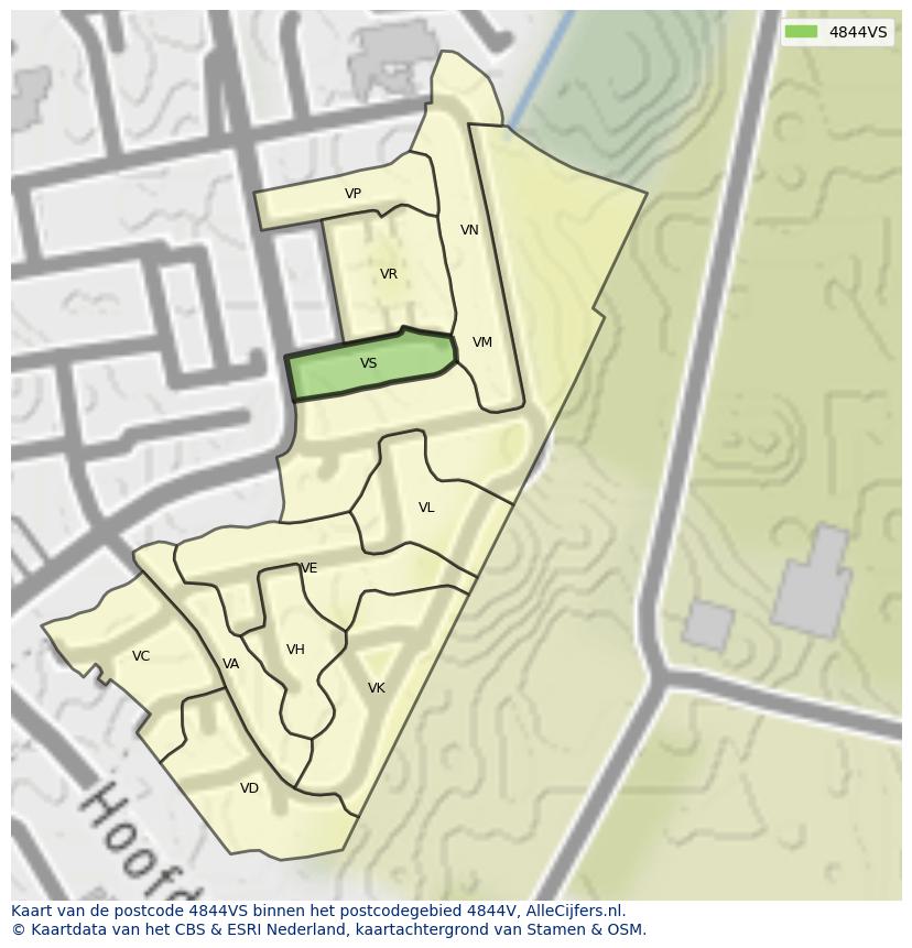 Afbeelding van het postcodegebied 4844 VS op de kaart.