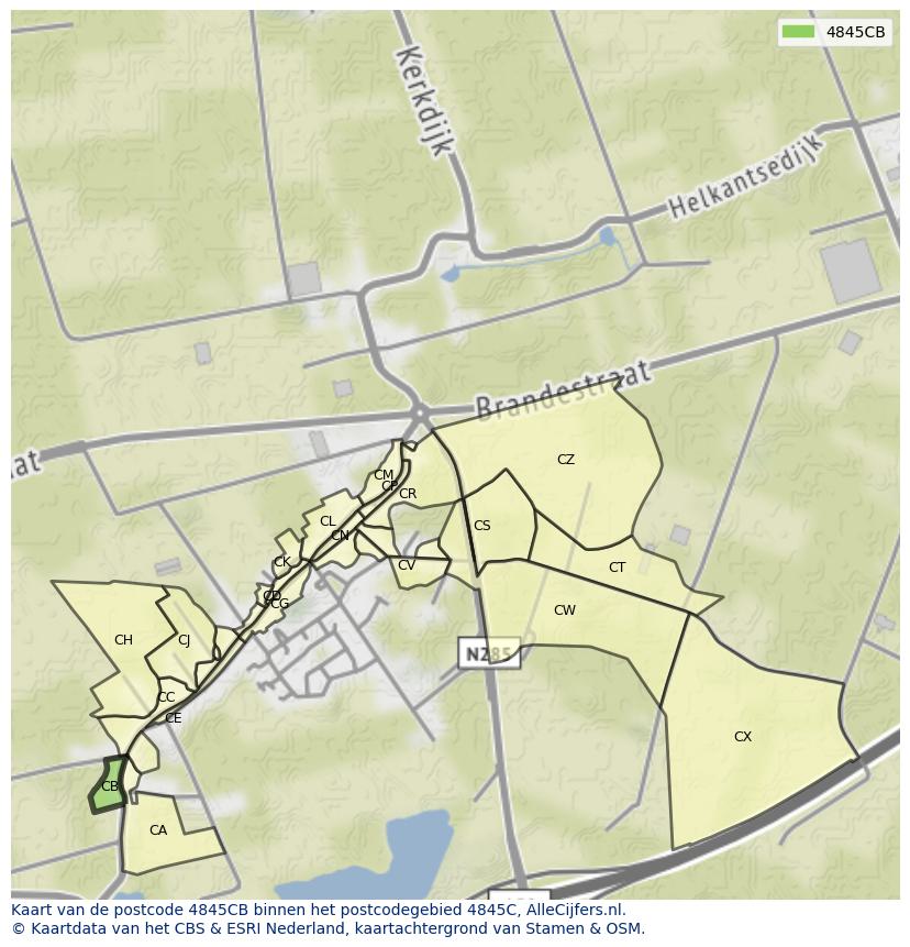 Afbeelding van het postcodegebied 4845 CB op de kaart.