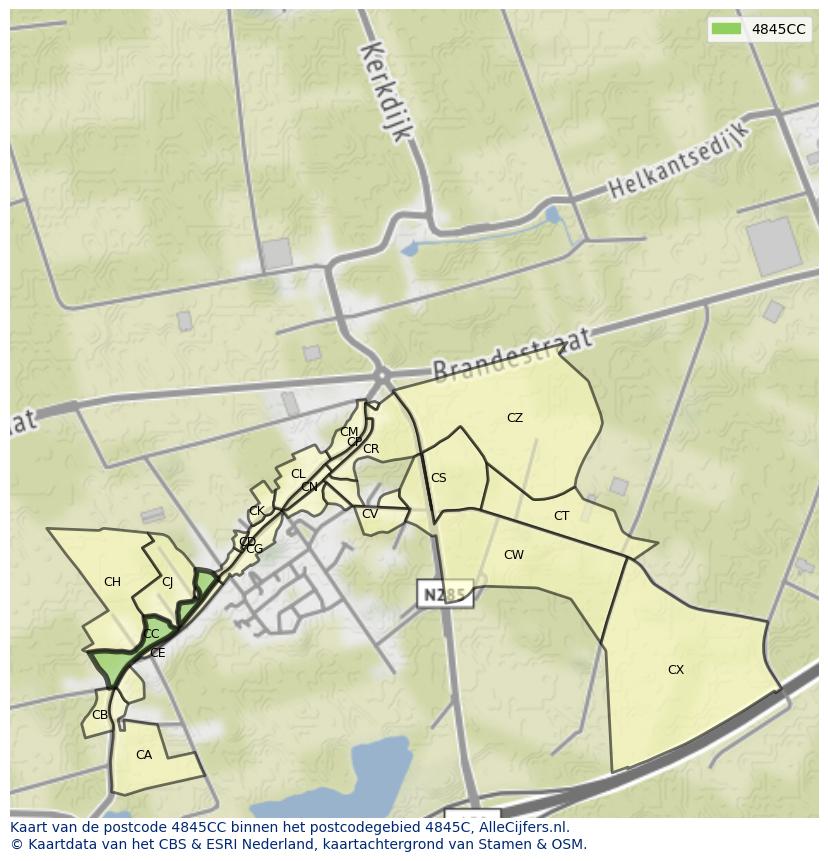 Afbeelding van het postcodegebied 4845 CC op de kaart.