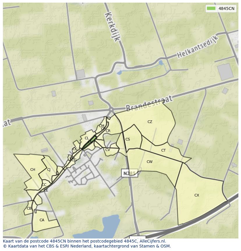 Afbeelding van het postcodegebied 4845 CN op de kaart.