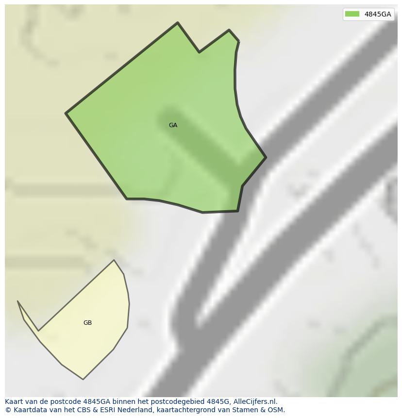 Afbeelding van het postcodegebied 4845 GA op de kaart.