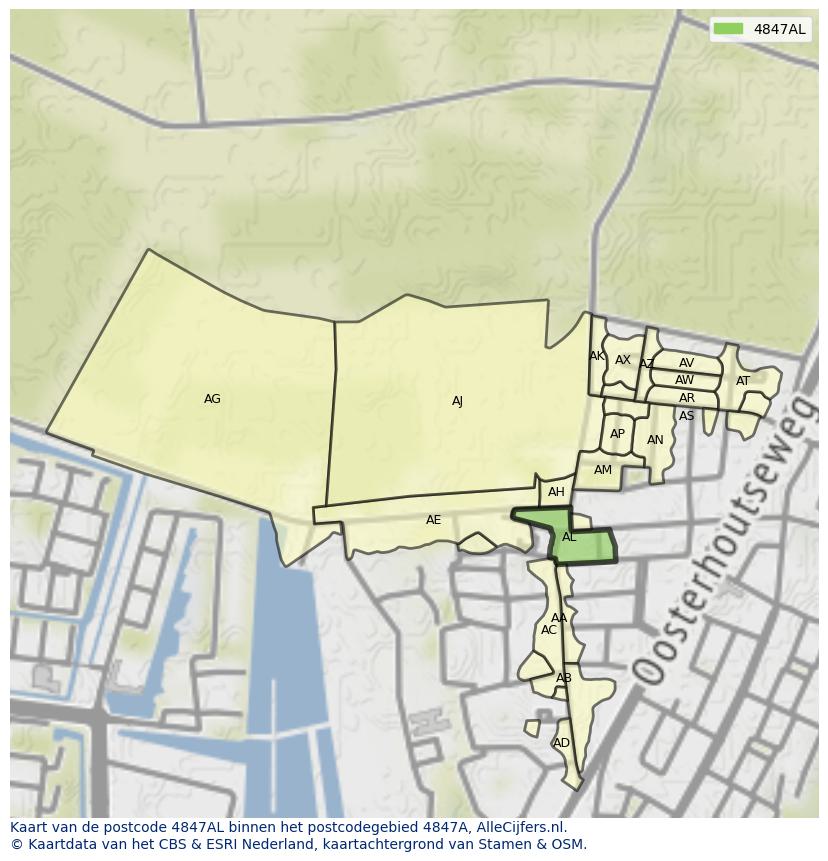Afbeelding van het postcodegebied 4847 AL op de kaart.