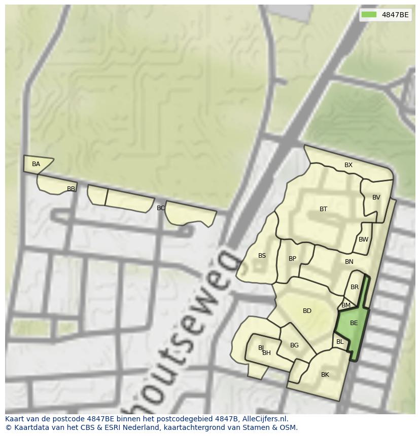Afbeelding van het postcodegebied 4847 BE op de kaart.
