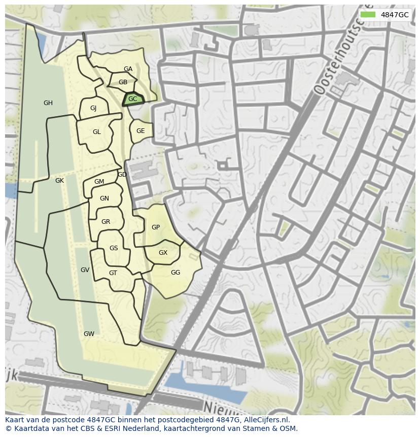Afbeelding van het postcodegebied 4847 GC op de kaart.