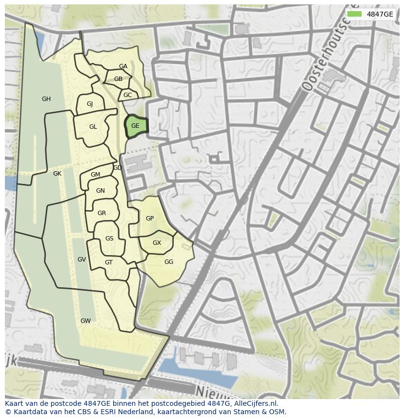 Afbeelding van het postcodegebied 4847 GE op de kaart.