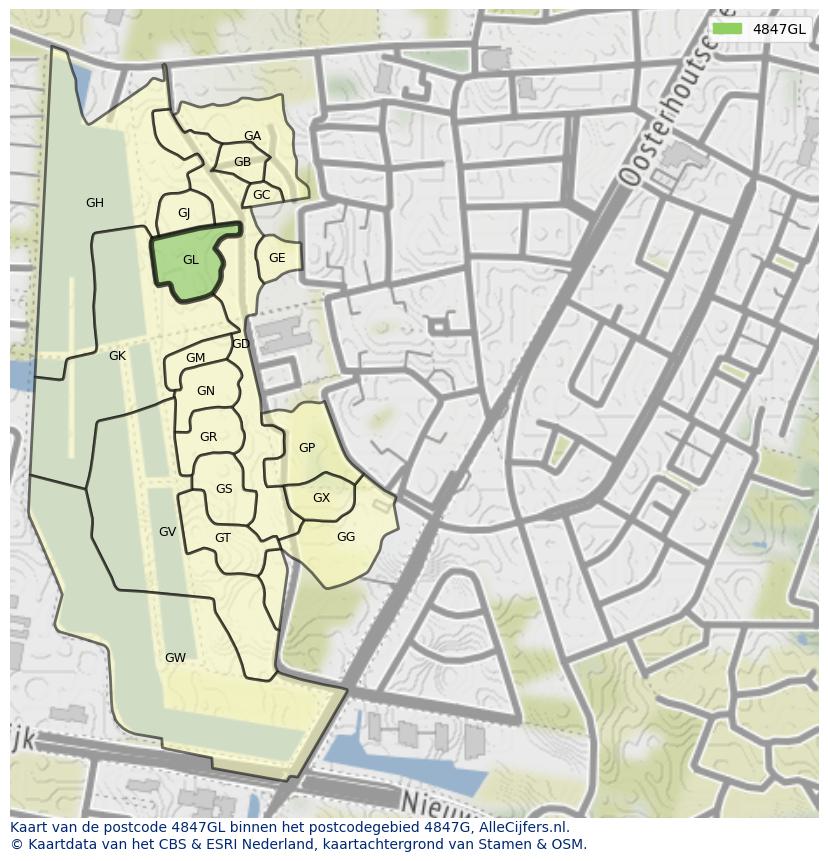 Afbeelding van het postcodegebied 4847 GL op de kaart.