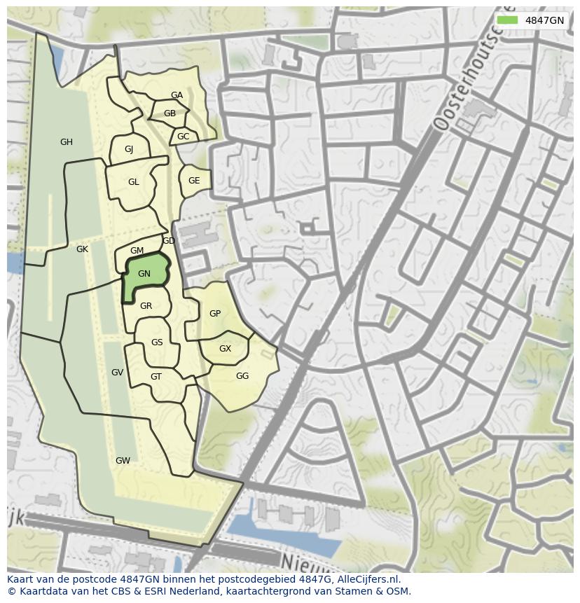 Afbeelding van het postcodegebied 4847 GN op de kaart.