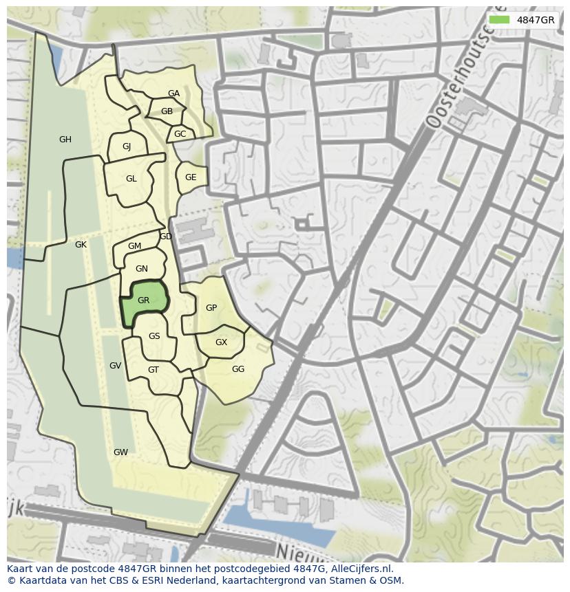 Afbeelding van het postcodegebied 4847 GR op de kaart.