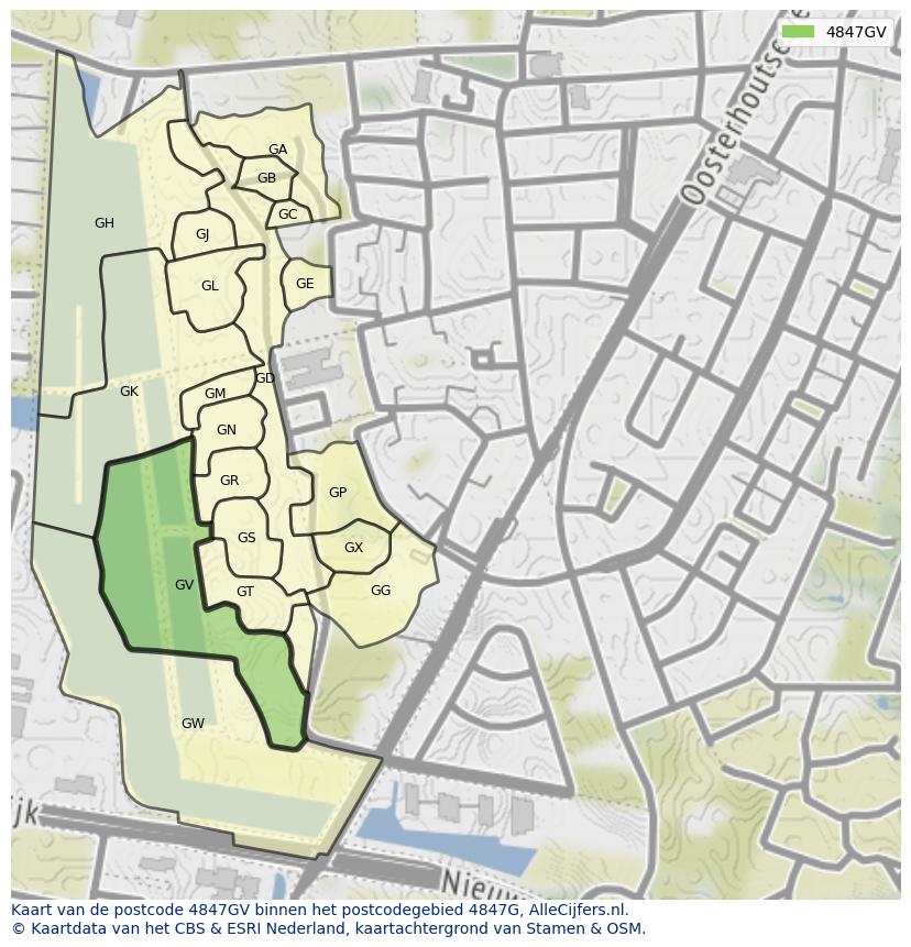 Afbeelding van het postcodegebied 4847 GV op de kaart.