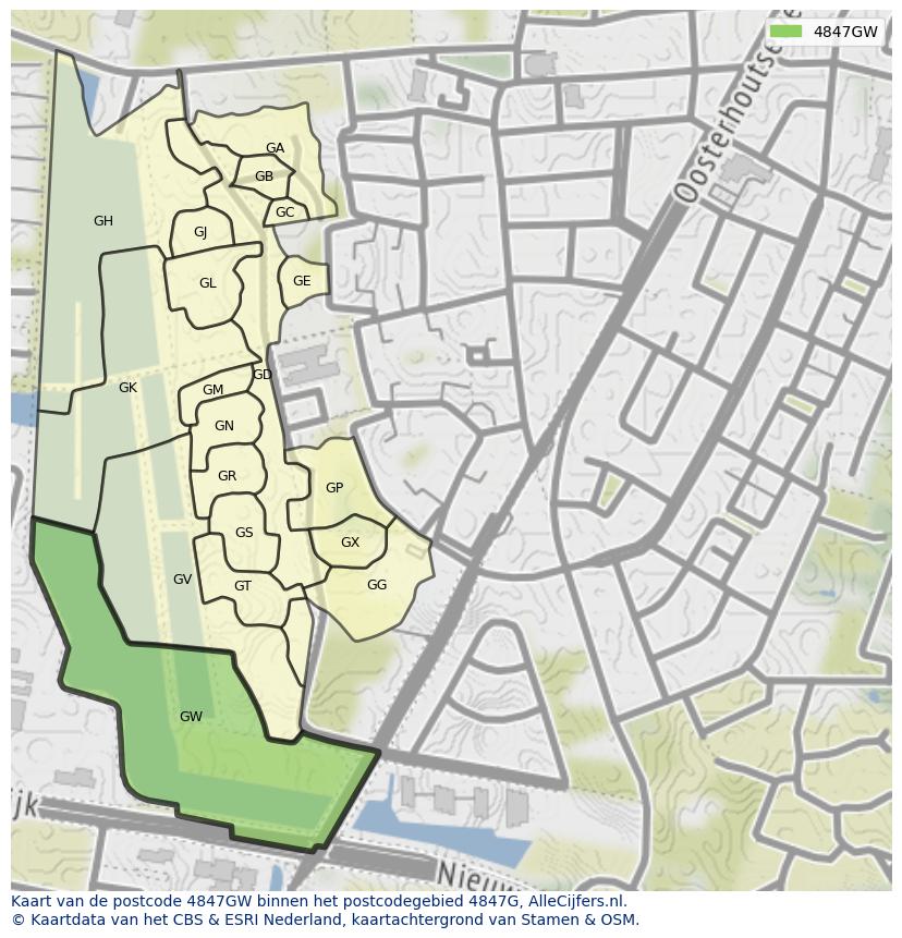Afbeelding van het postcodegebied 4847 GW op de kaart.