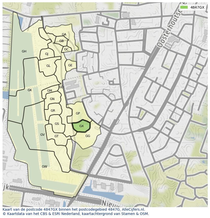 Afbeelding van het postcodegebied 4847 GX op de kaart.