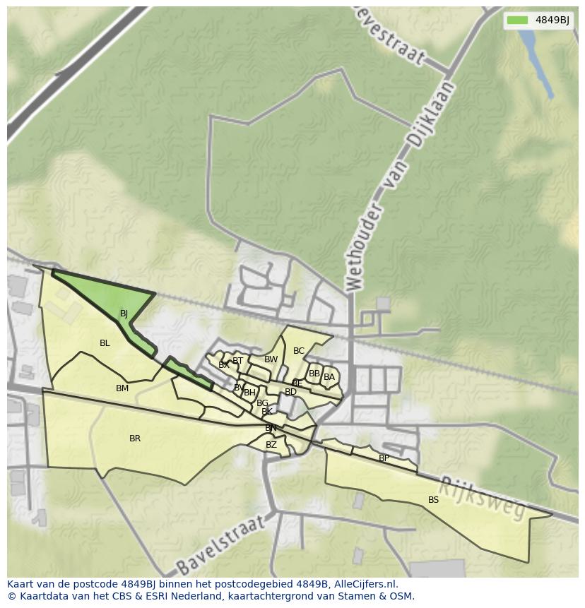 Afbeelding van het postcodegebied 4849 BJ op de kaart.