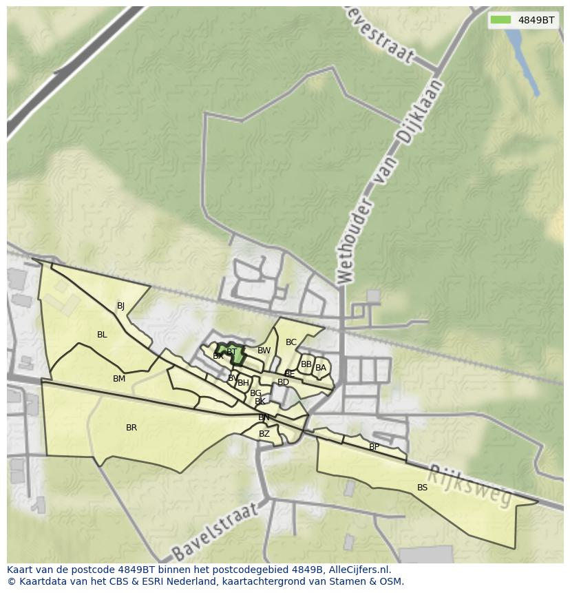 Afbeelding van het postcodegebied 4849 BT op de kaart.