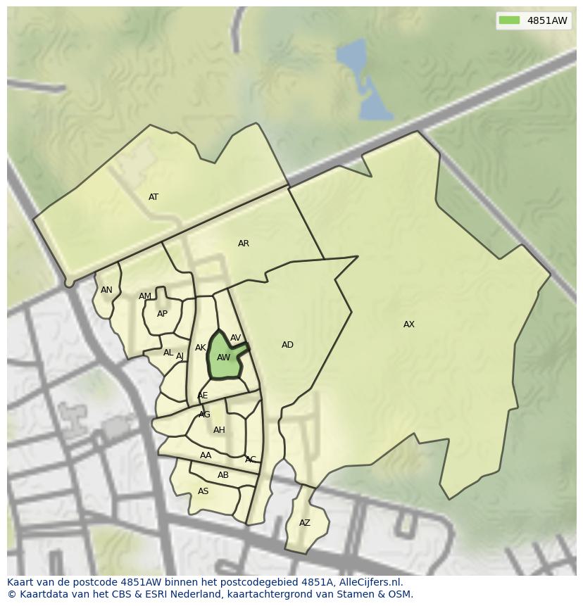 Afbeelding van het postcodegebied 4851 AW op de kaart.