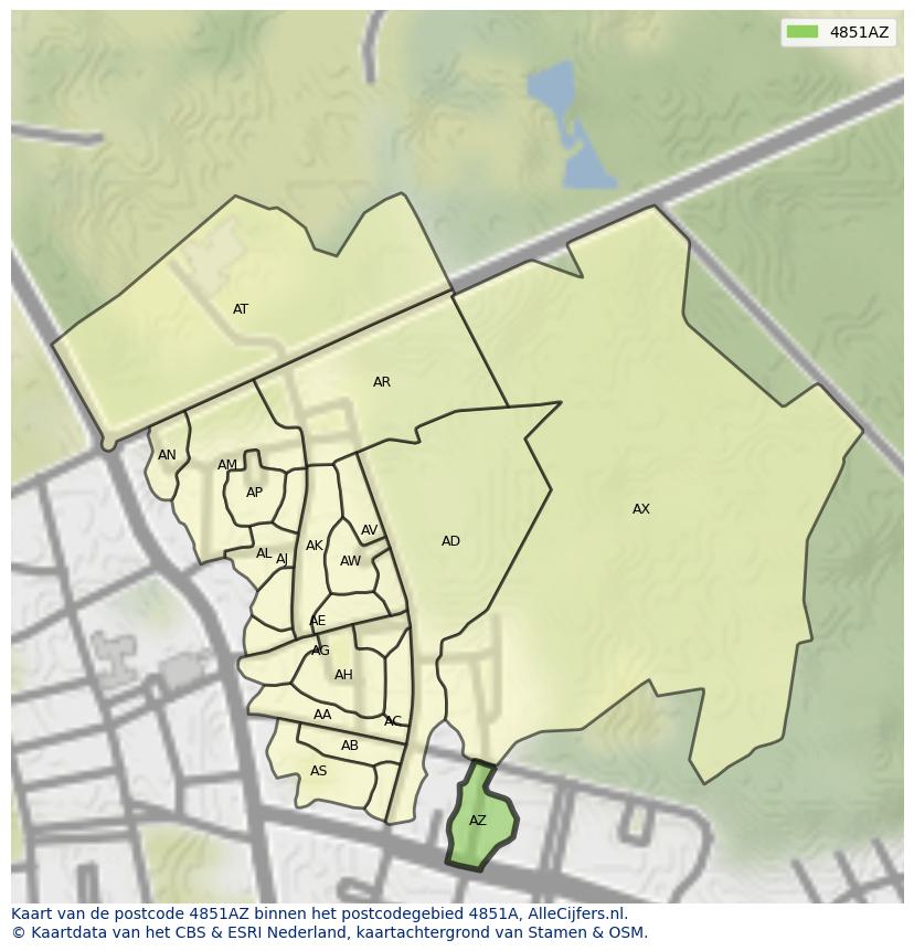 Afbeelding van het postcodegebied 4851 AZ op de kaart.