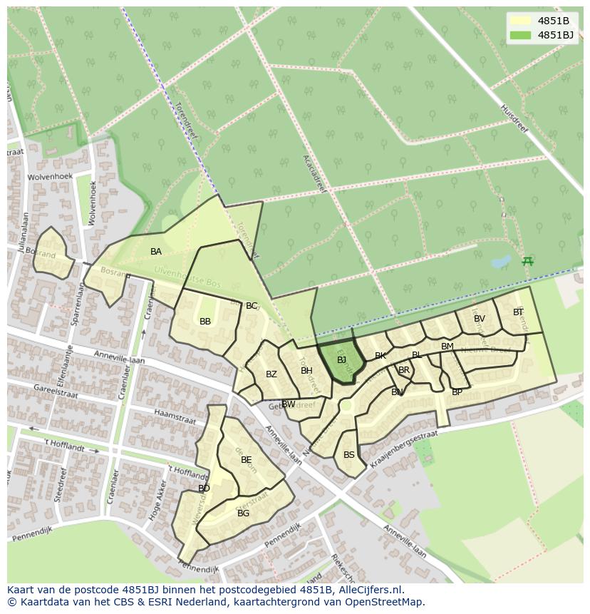 Afbeelding van het postcodegebied 4851 BJ op de kaart.