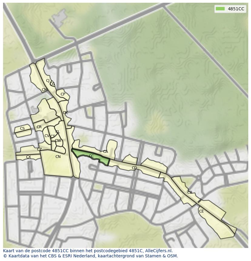 Afbeelding van het postcodegebied 4851 CC op de kaart.