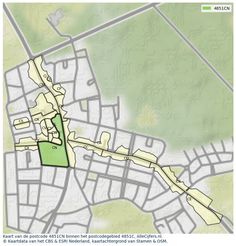 Afbeelding van het postcodegebied 4851 CN op de kaart.