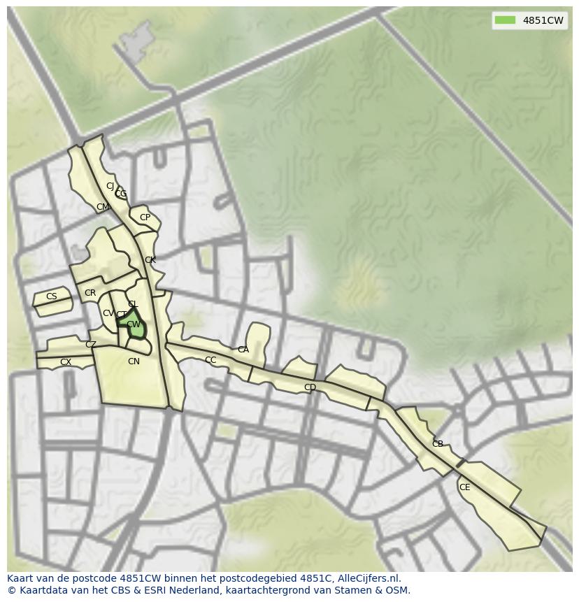 Afbeelding van het postcodegebied 4851 CW op de kaart.