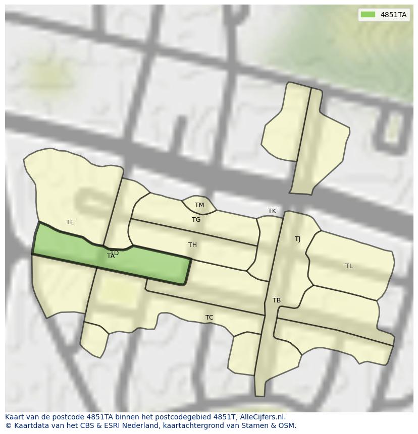 Afbeelding van het postcodegebied 4851 TA op de kaart.