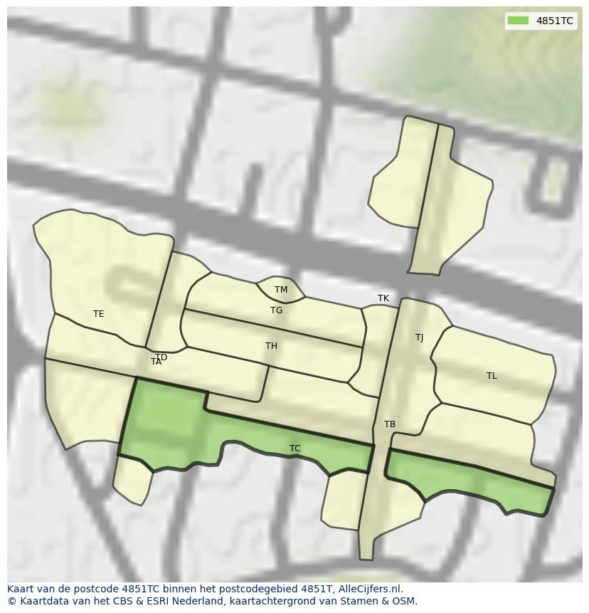 Afbeelding van het postcodegebied 4851 TC op de kaart.