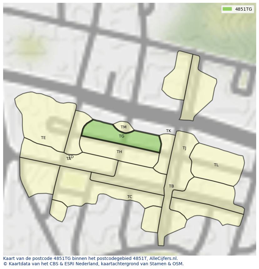 Afbeelding van het postcodegebied 4851 TG op de kaart.