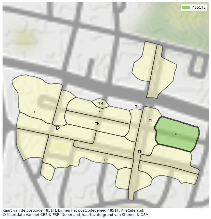 Afbeelding van het postcodegebied 4851 TL op de kaart.
