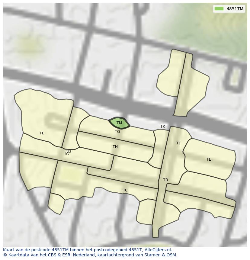 Afbeelding van het postcodegebied 4851 TM op de kaart.