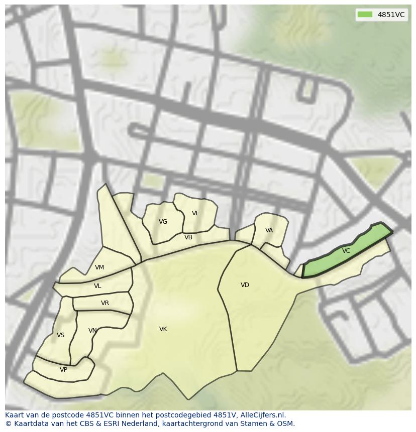 Afbeelding van het postcodegebied 4851 VC op de kaart.