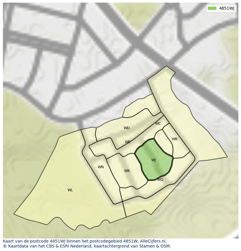 Afbeelding van het postcodegebied 4851 WJ op de kaart.
