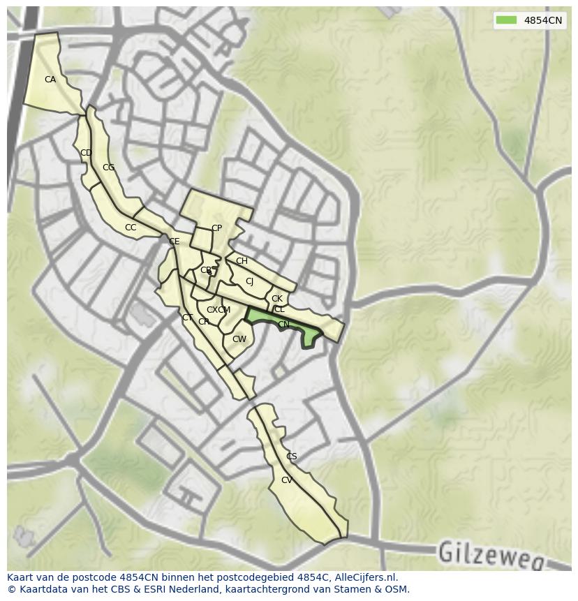 Afbeelding van het postcodegebied 4854 CN op de kaart.